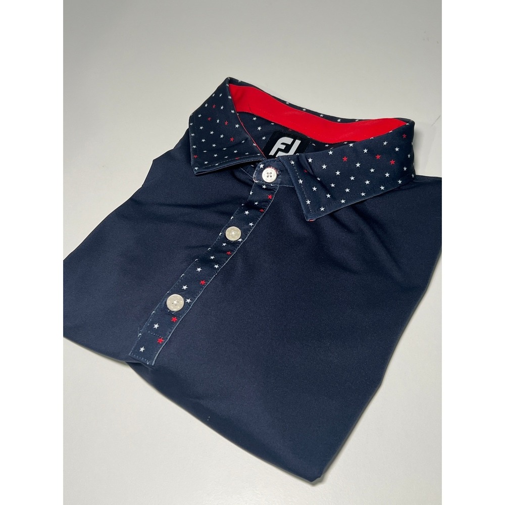 FootJoy Golf Polo Shirt Mens 2XL Navy Blue Star Print Collar Performance Stretch
